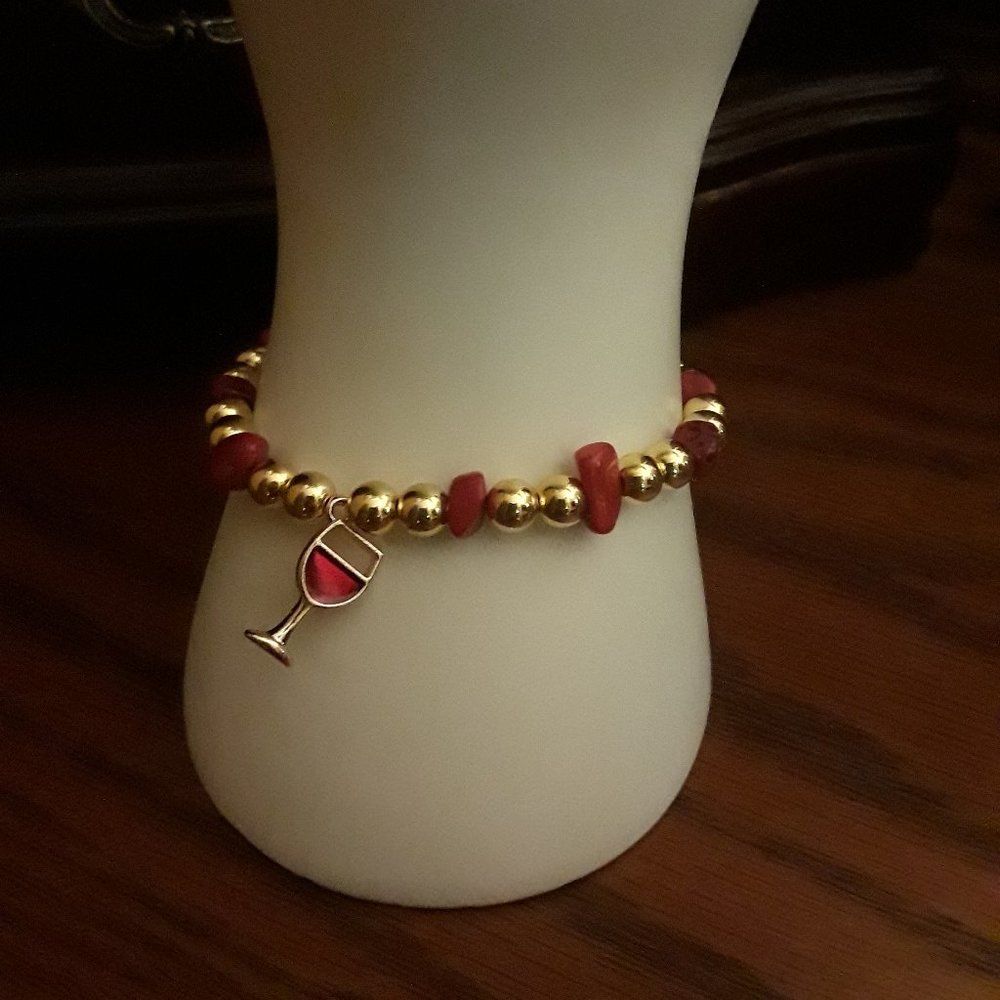 Ladie's Wine Glass Charm Beaded Bracelet, Charm Bracelets, Jewelry, Gifts